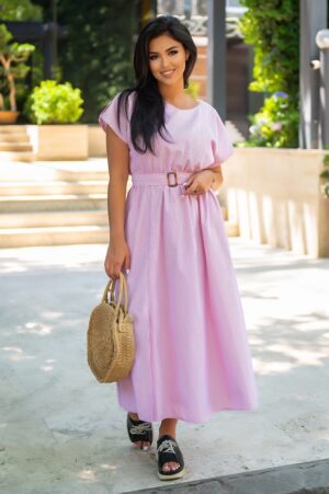 Дамска розова раирана лятна рокля с коланче
