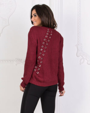 Дамски пуловер с връзки на гърба - бордо
