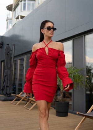 Дамска червена къса рокля с дълги ръкави