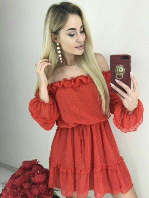 Дамска къса шифонена рокля в червено