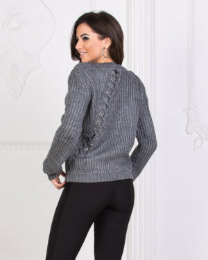 Дамски пуловер с връзки на гърба - сив