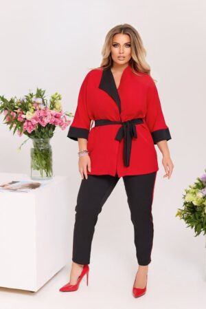 Дамски комплект жилетка и панталон в червено и черно