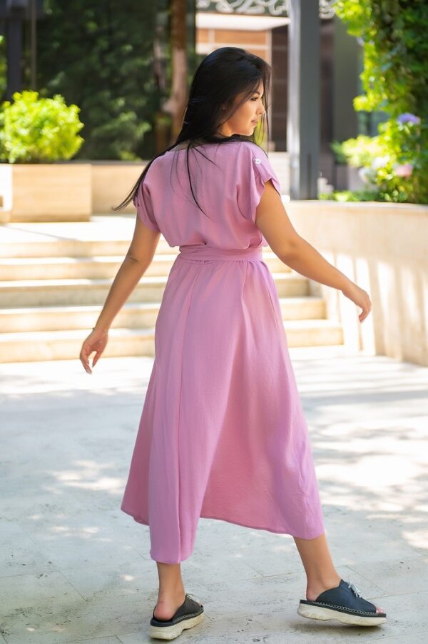 Дамска розова лятна рокля с коланче