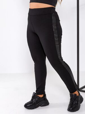 Дамски черен панталон с кант от еко кожа ИД8461/1